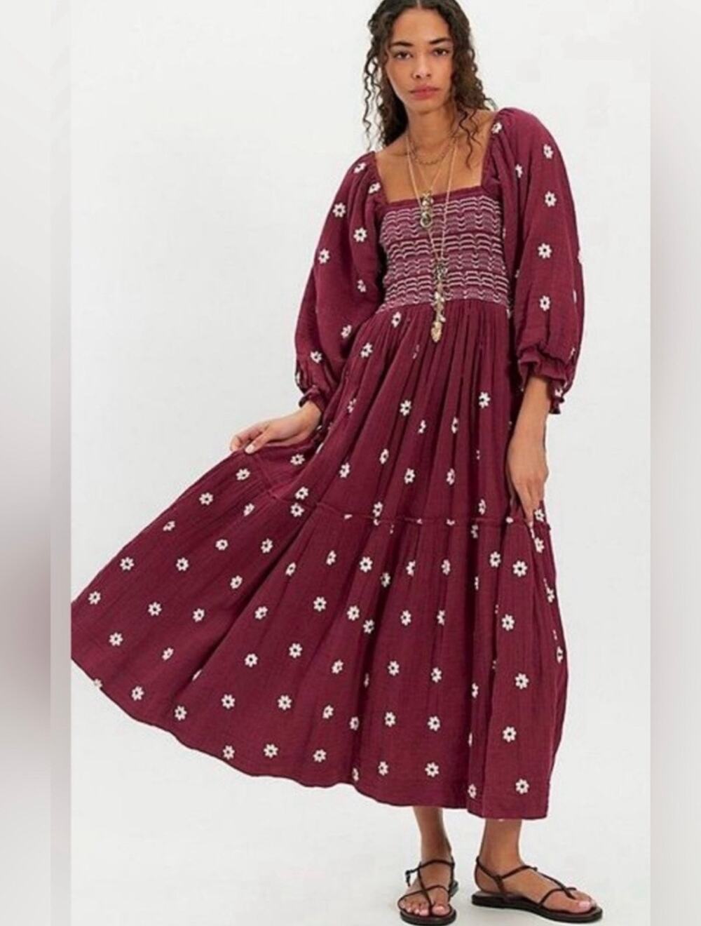 Free People Dahlia Embroidered Maxi Dress Dark Plum NWT